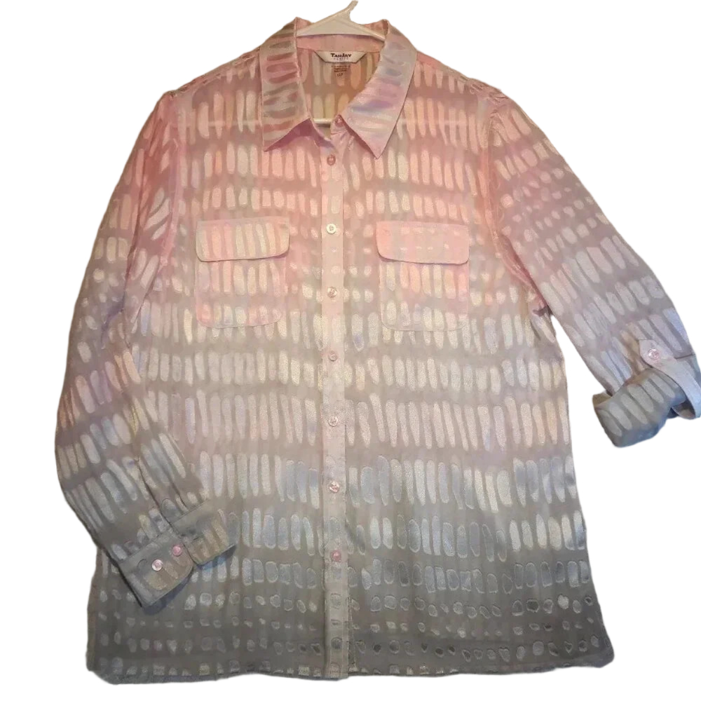 Tan Jay Women's Petite Pink Sheer Long  Sleeve Button Down Blouse Size 12P